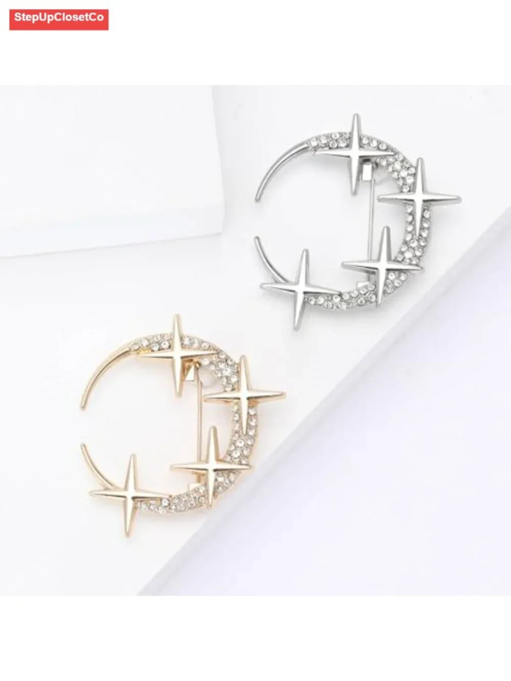 Dainty Crystal Moon Star Brooches Pins, Cubic Zirconia Sparkling Lapel Pin for